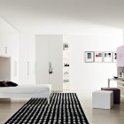 White and Soft Purple Bedroom with Lilac Black Rug