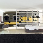 Yellow Grey Bedroom with White Bookcase and Black Rug