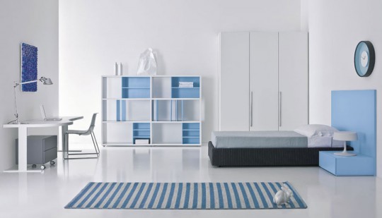 Blue and White Teen Room with Stripe Rug - Interior Design Ideas