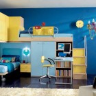 Blue and Yellow Childerns Bunk Beds with Fancy Chandelier