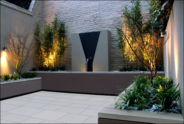 Contemporary Courtyard Water Feature Garden Great Accent Lighting