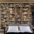 Cool Bedroom with Lots of Wood Bookshelves