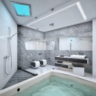 Cool White and Grey Bathroom With Large Bathtub