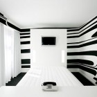 Elegant White Hotel Room with Black Striped Wallpaper