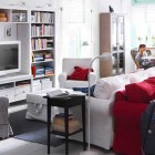 IKEA White Living Room Desing with Red and White Sofa