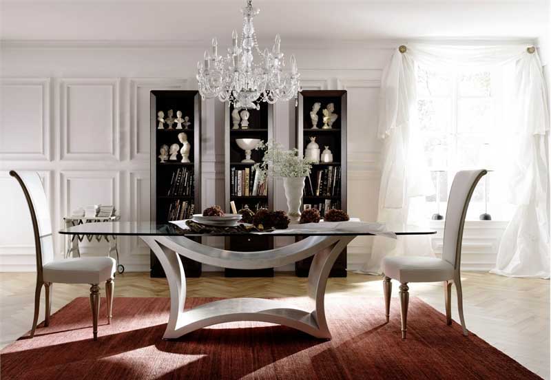 Luxury Italian Glass Top Dining Table with Chandelier