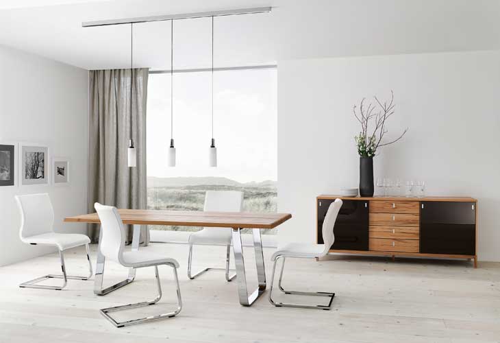 Modern Dining Table Chrome White Chairs Track Lighting