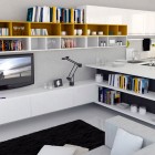 Modern Kitchen Open to Living Room with Black Rug and Yellow Bookchase