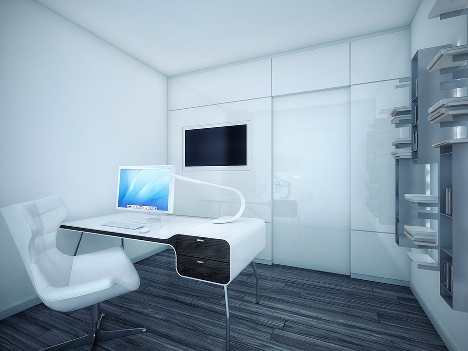 Modern White Office Area with Wooden Floor