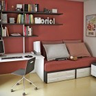 Red Workspaces with Bookcase and Small Bed