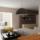 Warm Lving Room with Orange White Couch and Chandelier