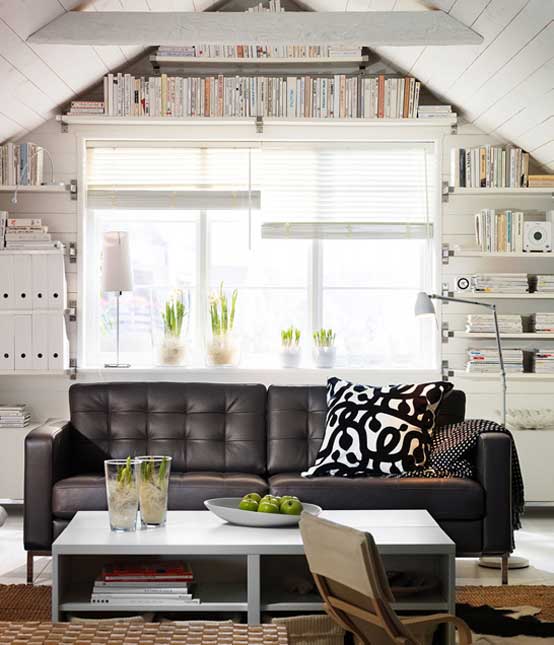 White Living Room with Black Lether Couch