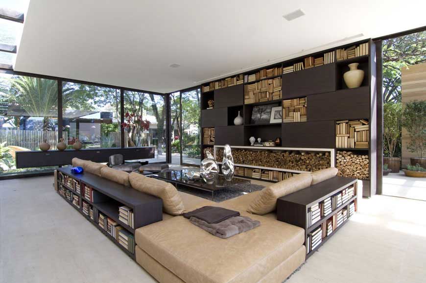 White Living Room with Bookshelves and Glass Wall