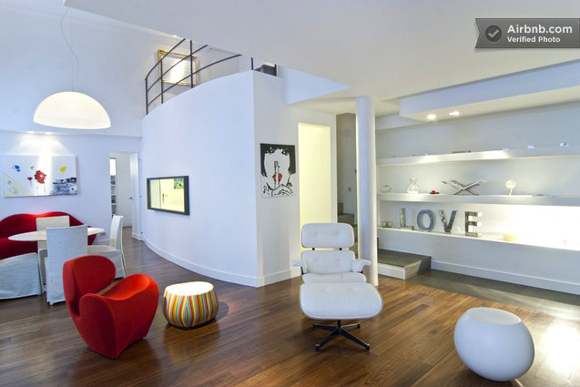 White Loft Living Room with Red and White Furniture