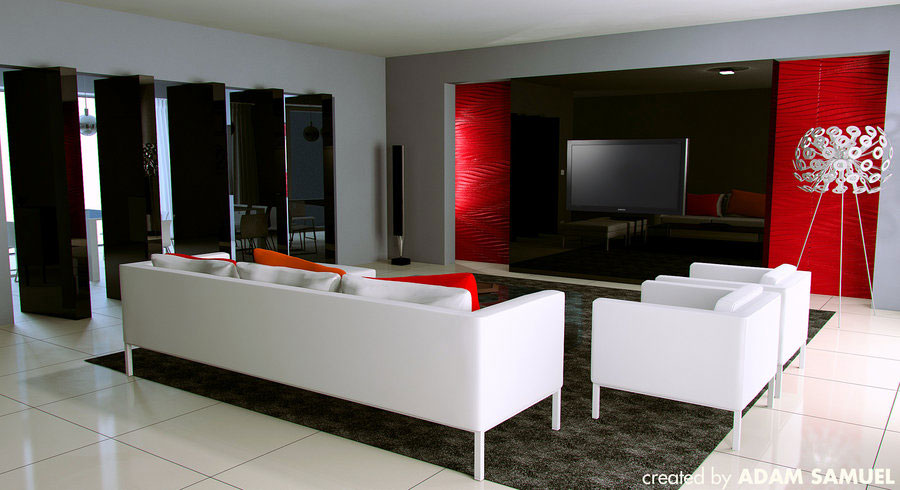 White Sofas Lounge with Red Wall Decoration