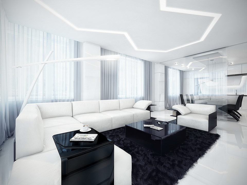 White and Black Living Area with Installation Zig Zag Lamp