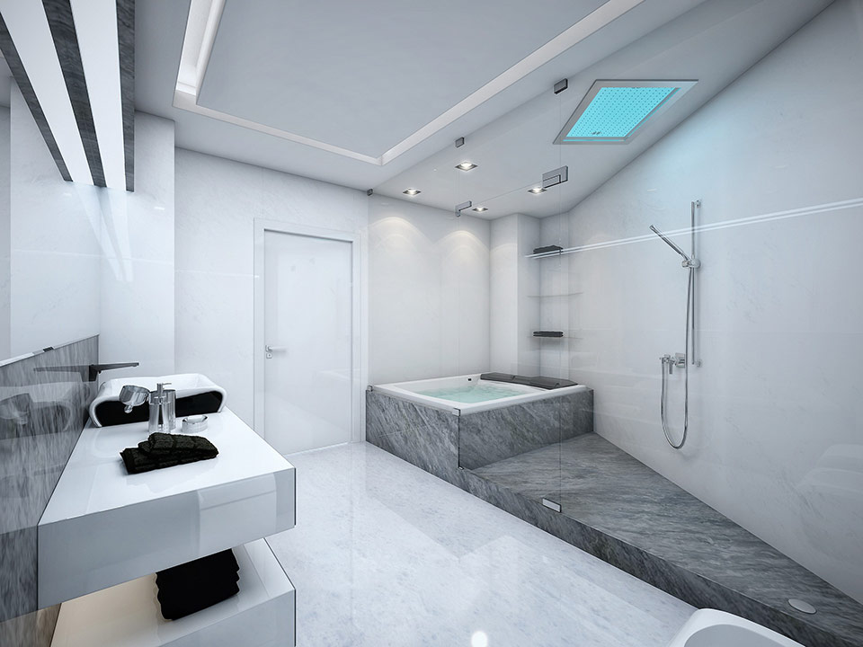 White and Grey Bathroom with Glass Wall Design