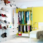 White and Yellow Bedroom with Shoe Rack and Closet