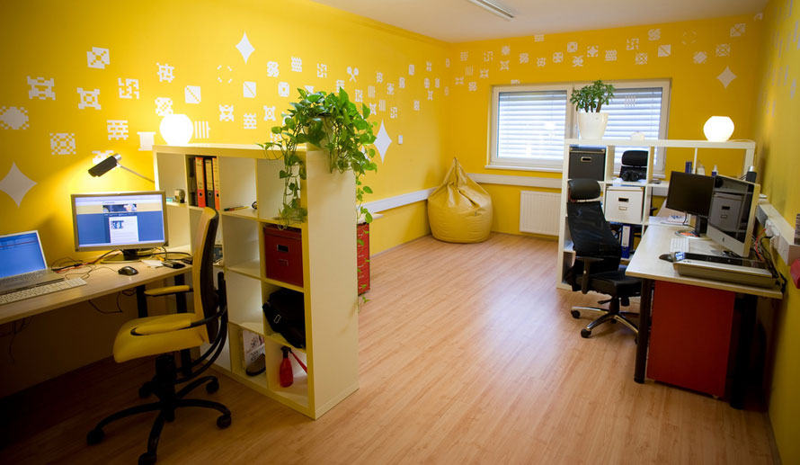 Yellow Office with Pixel Wall Decor