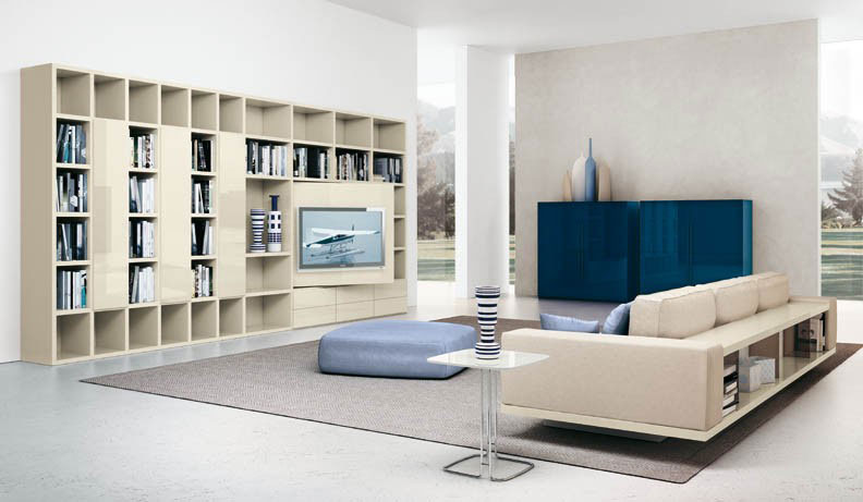 Awesome Cream Shelves and Sofa with Blue Box Decor