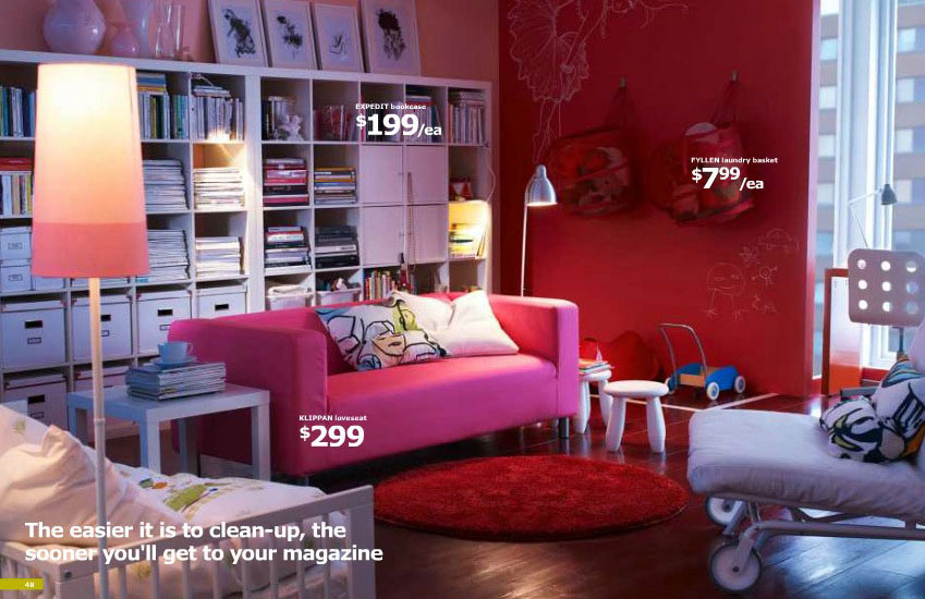 Beautiful IKEA Red Living Room with Nicely Pink Sofa