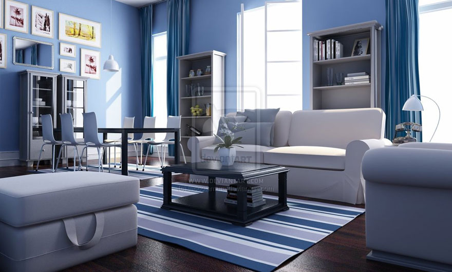 Blue White Beach House Living Room With Striped Rug Interior