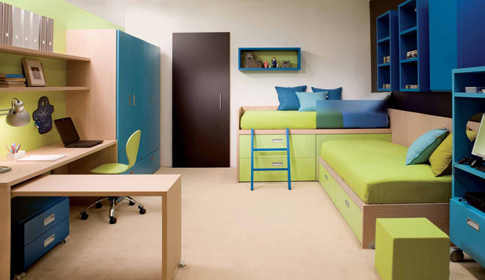 Blue and Green Kids Room with Sliding Study Desk