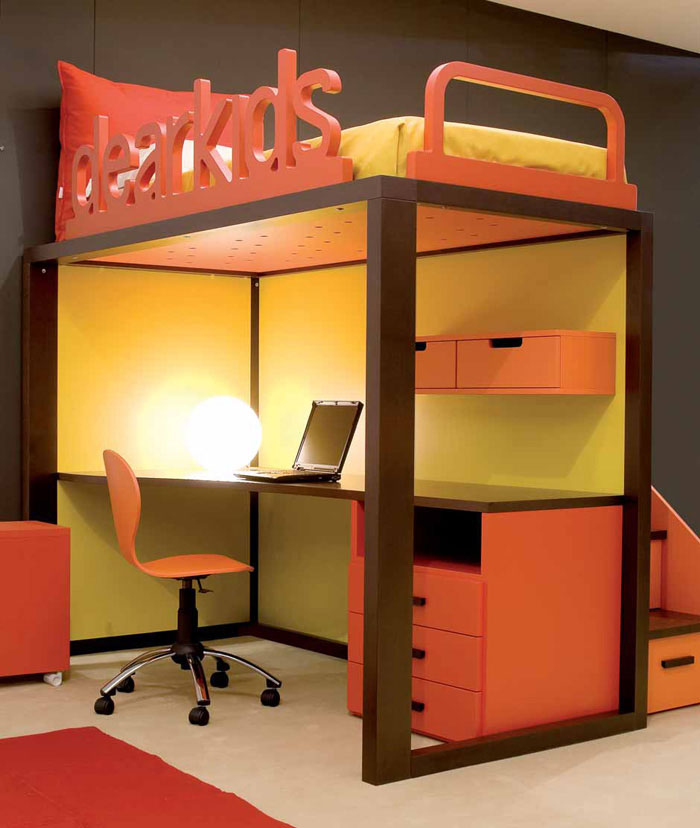 Brown, Yellow and Orange Kids Room with Study Desk Under Bed