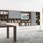 Brown and Grey Shelving Unit in Large Space Living Room