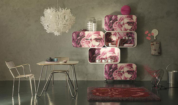 Cocoon Shelving System Covered with Digital Printing of Roses