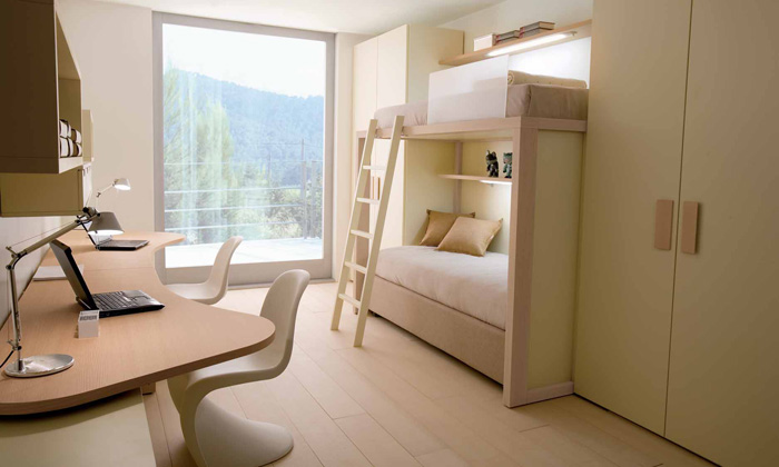 Cream Color Kids Room with Bunk Beds and Double Study Desk