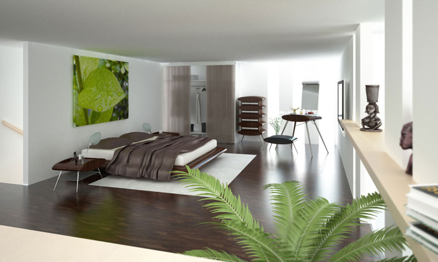 Elegant Bedroom with Brown Cover and White Rugs
