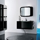 Exotic Black Bathroom Furniture with Pretty Candles and Round Rugs