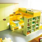 Green and Yellow Bunk Beds for Two Kids with Bookshelv