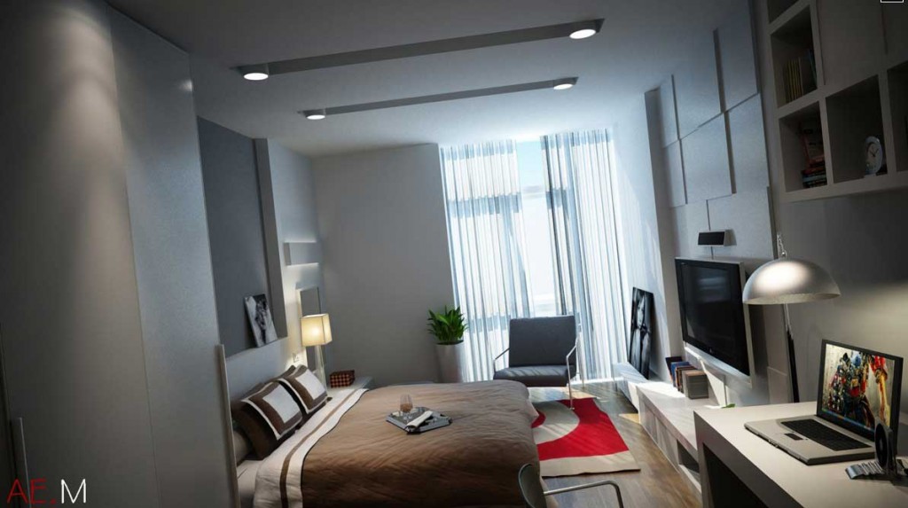 Modern Bedroom with LCD TV and Red Rugs by Hieu Nguyen