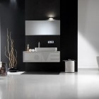 Modern Black Bathroom with White Floor and Accessories