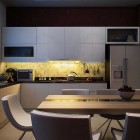 Modern Open Kitchen with Ceramic Tile Backsplash