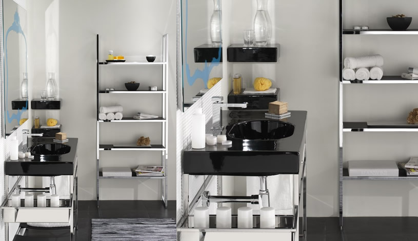 Simple Black and White Bathroom Design with Stainless Stell Storage
