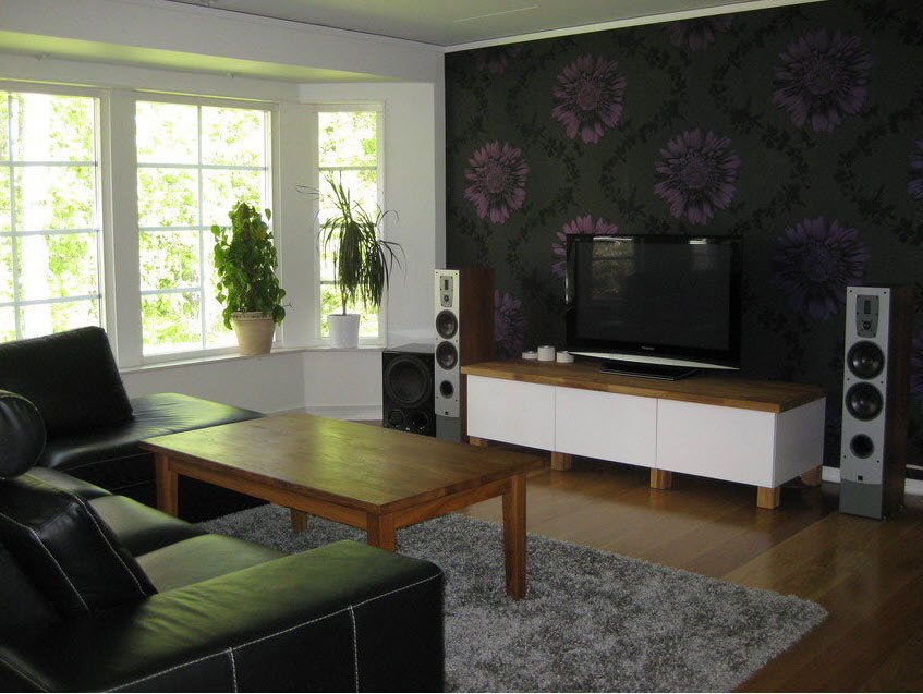 Simple Living Room TV with Floral Wallpaper