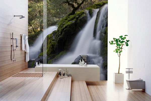 Stylish Bathroom with Waterfall Wallpaper Ideas