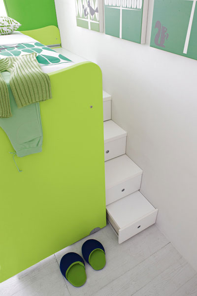 White Chair in Green Bunk Beds with Hiden Storage