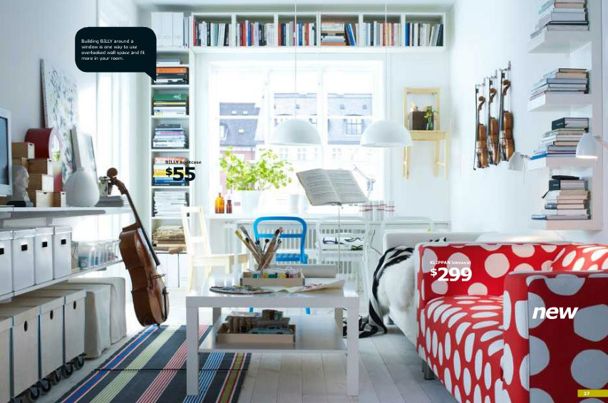 White IKEA Living Room with Polkadot Sofa Design