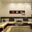 White Living Room with Brick Wall and Red Accents