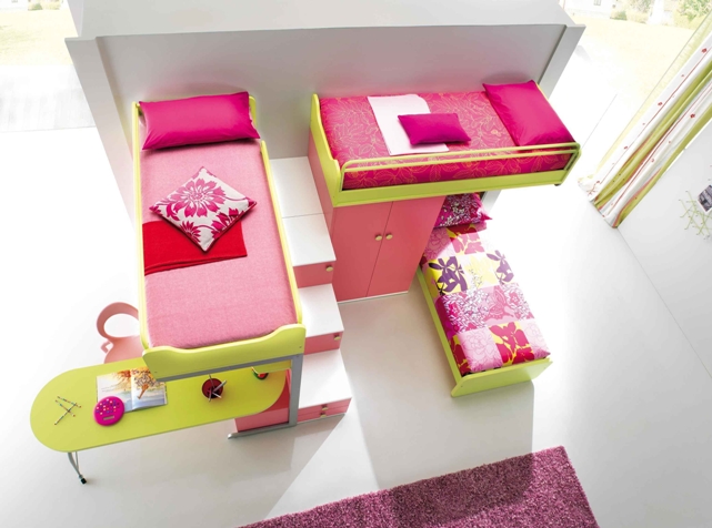 Yellow and Pink Bunk Beds for Three Girls Design