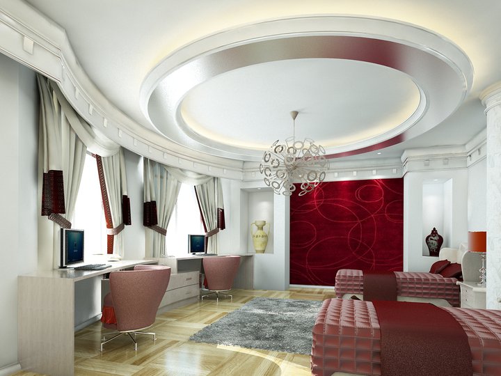White Bedroom with Circular Ceiling and Red Wall Accent Rendering