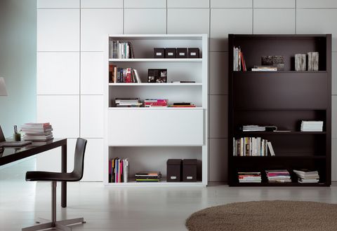 White Junior Bedroom Design with Brown Book Shelves