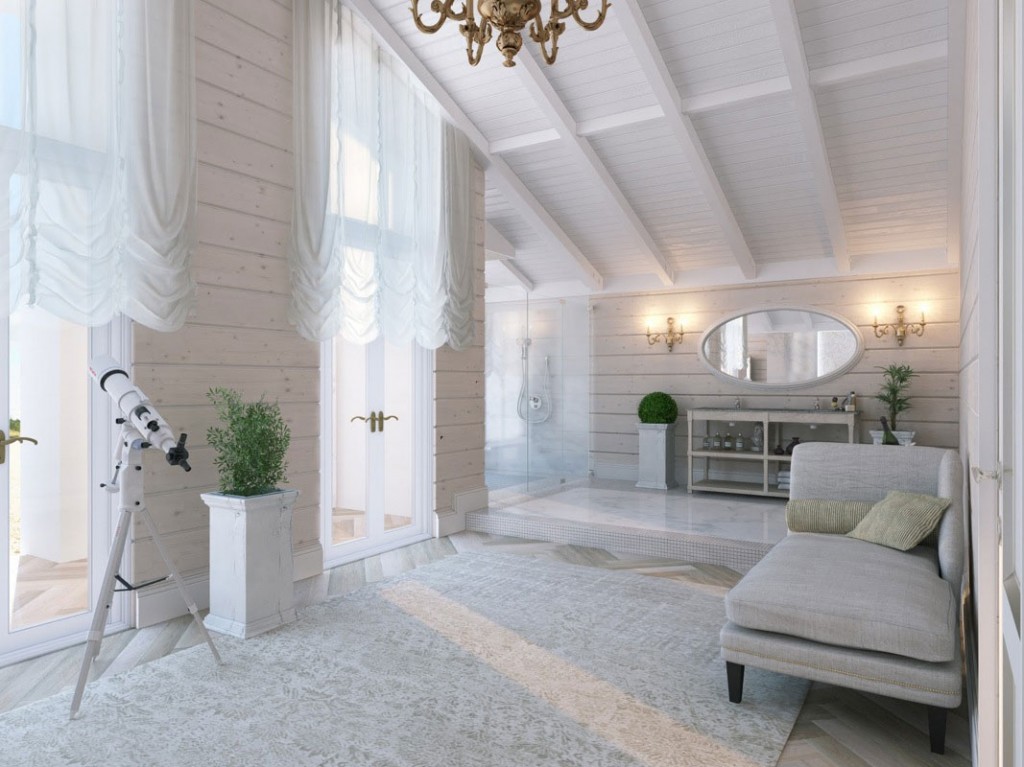 Beautiful white Bathroom With the Chaise Long and Sloping Ceiling