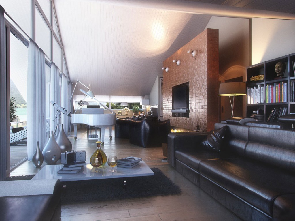 The Living Room Overall with Glass Wall and Long Black Leather Sofas