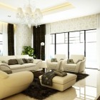 Carving Wallpapered Living Room with Beige Sofas
