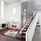 Modern Wood and White Stairs Design Beside Living Room